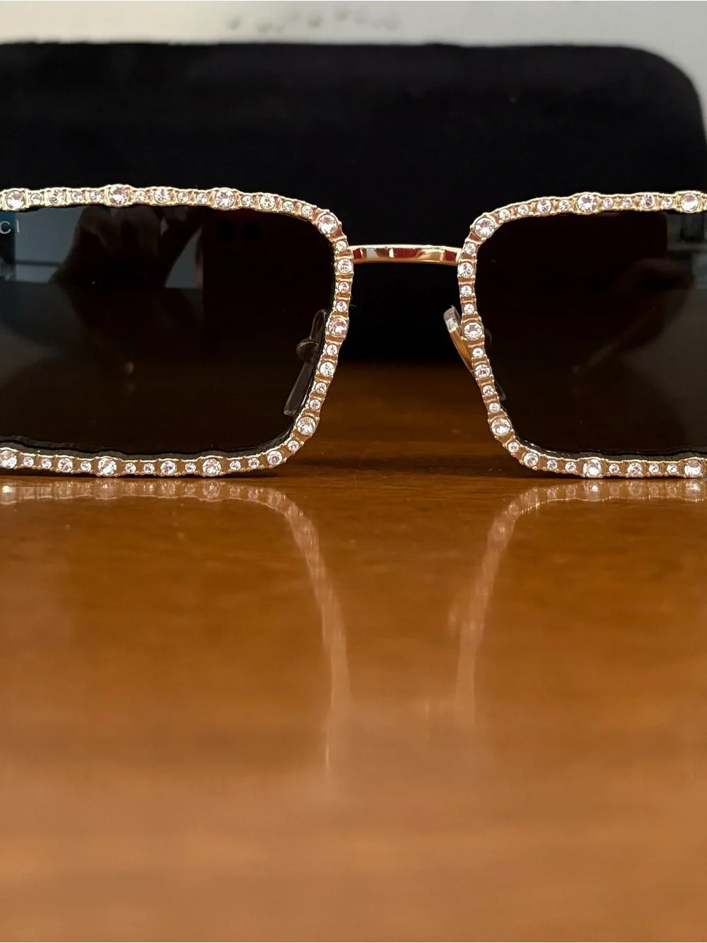 Gucci GG1568S Gold Rimless Embellished Square Sunglasses Gray Tinted UV400. 52mm